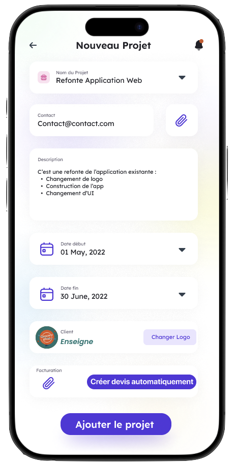 Application mobile CRM - Gestion des nouveaux projets